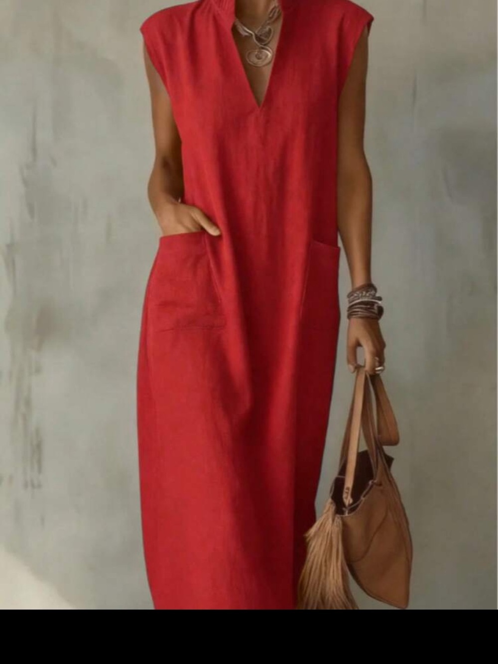 SHEIN Red Sleeveless V-Neck Maxi Dress with Pockets